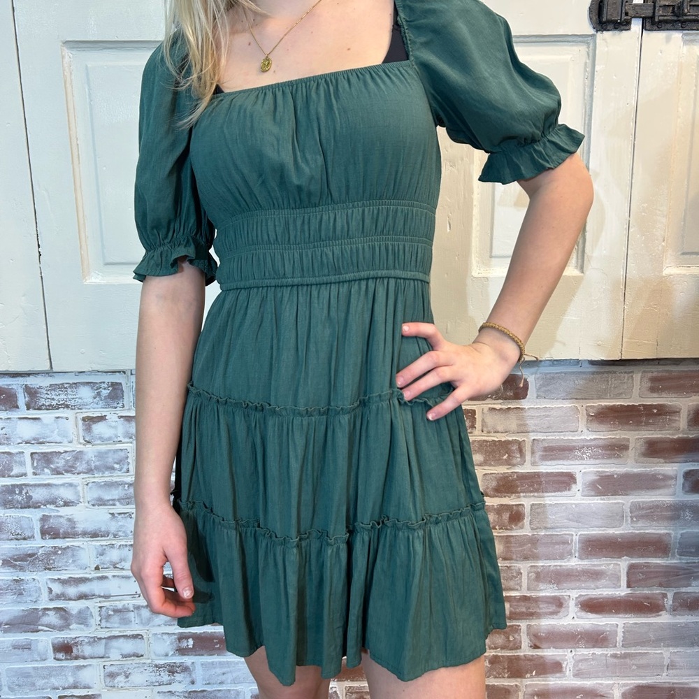 TRIXXI Green Square-Neck Tiered Mini Dress
